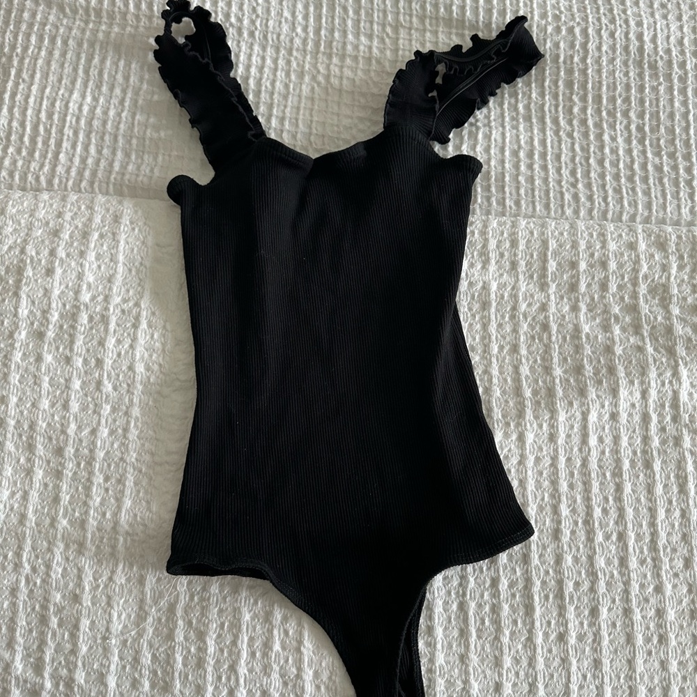 dina be Black Ruffled Strap One-Piece Bodysuit